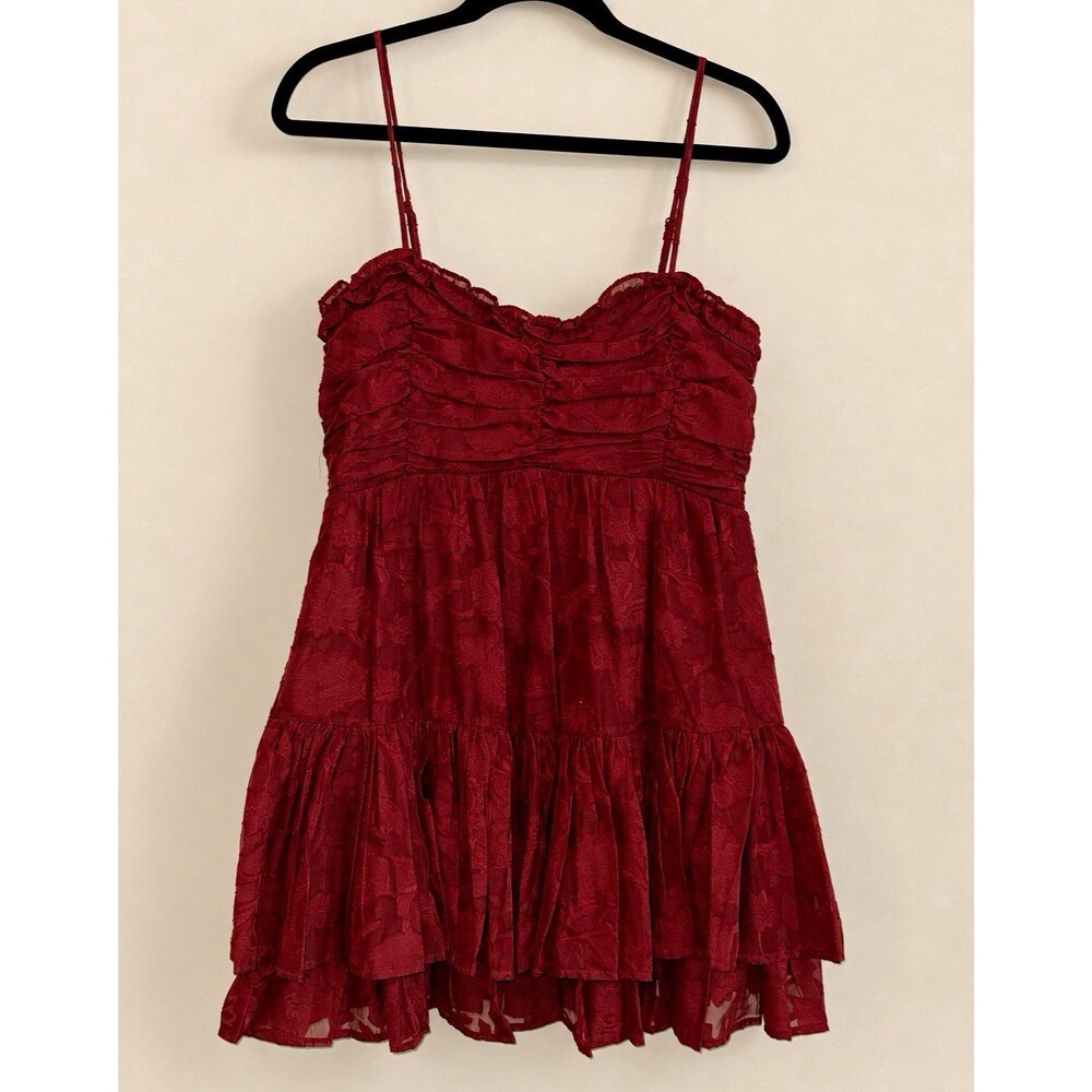 Red Floral Ruffle Layered Mini Fit & Flare Smocked Zip Dress M